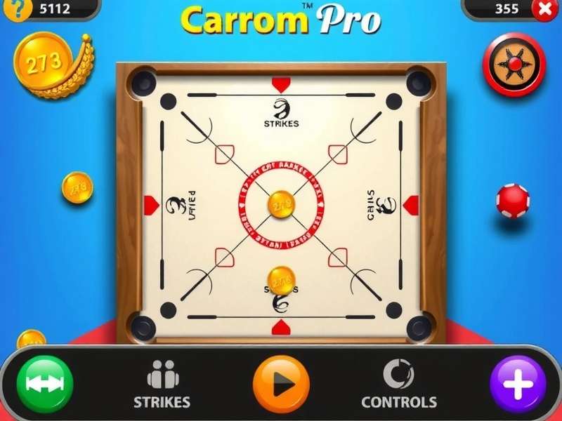 Carrom Pro game interface showing digital carrom board with striker, coins, and user controls