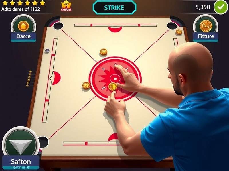 Carrom Pro gameplay showing player flicking striker to hit coins on digital board