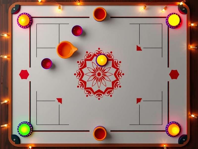 Carrom Pro Diwali theme with board decorated with diyas, rangoli, and festive lights